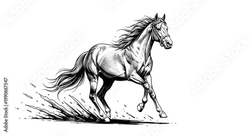 Running horse illustration detailed black and white artistic image isolated