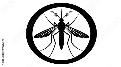 Black mosquito silhouette in circle, with thin legs, antennae, wings. On white