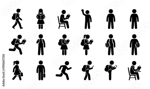 School student stick figure icon set, 18 black silhouette children avatars, pupils with backpacks reading and walking, education vector collection