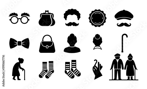 Elderly lifestyle icon set, 15 black silhouette senior citizen symbols, grandparents fashion and accessories vector collection for retirement concepts