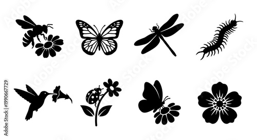 Black insect silhouette collection, set of 8 nature icons including butterfly and bee, garden wildlife vector graphics for logo design and branding