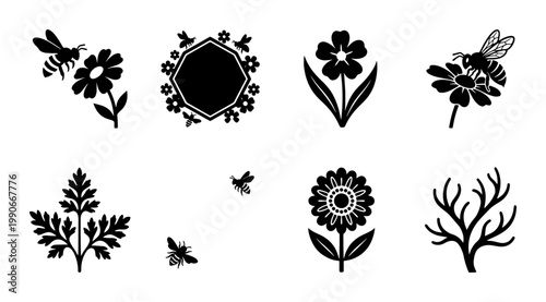 Minimalist honey bee and floral icon set, black silhouette garden nature elements, 8 vector illustrations of bees and flowers for organic branding