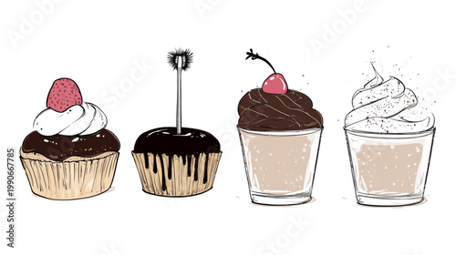 Digitally rendered illustrations of sweet treats including cupcakes, chocolate desserts, and a sundae