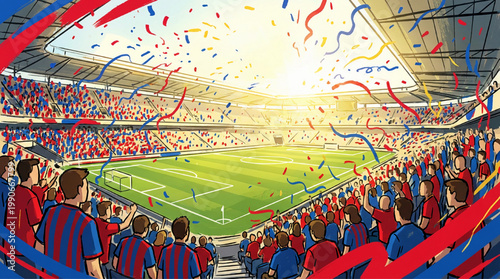 Illustration of a crowded sports stadium during a victory celebration