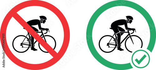 Cycling prohibited and allowed road sign set with bicycle rider silhouette in red forbidden circle and green checkmark icon vector.