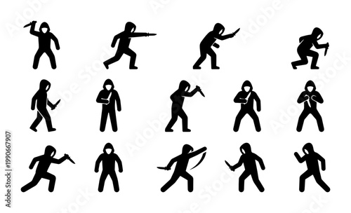 Criminal silhouette icons set of 14 hooded figures with knives, dangerous robber and thief characters, black vector silhouettes of muggers in action