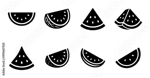 Minimalist watermelon icon set, black silhouette fruit slices vector, collection of 8 summer food symbols for menu design and web graphics