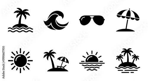 Minimalist summer beach icons set, black tropical vacation vector symbols, 8 flat holiday elements including palm trees, sun, waves and sunglasses