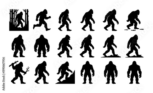 Bigfoot silhouette collection, 18 sasquatch vector icons in various poses, mythical yeti and sasquatch creature set for camping and outdoor adventure designs