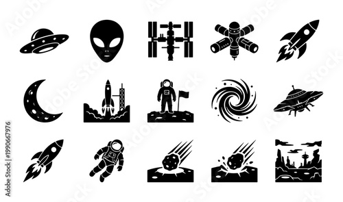 Outer space icons set, 15 black silhouette astronomy symbols, astronaut and rocket ship vector collection, galaxy and alien ufo illustrations