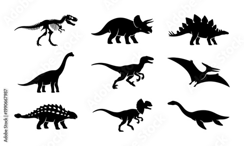 Dinosaur silhouette collection with 9 prehistoric animal icons, black extinct reptile vector set, jurassic creature graphics for educational design