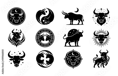 Mystical bull zodiac logo collection, 12 black taurus icons with celestial moon and star elements, minimalist animal silhouettes for branding