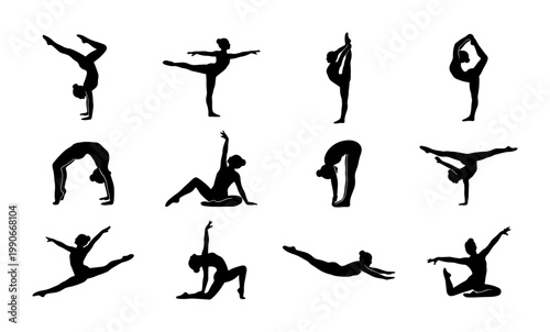 Gymnastics silhouette collection of 12 female athletes, rhythmic gymnastics poses and yoga stretches, flexible woman body silhouettes for sports design