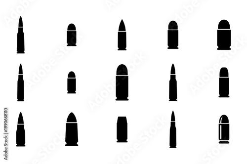 Bullet silhouette icon set, 15 ammunition vector elements for firearm caliber comparison, black gun ammo cartridge symbols on white background