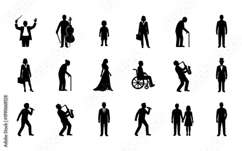 Black silhouette people icons set, diverse human figures collection with 18 vector elements, professional and casual character silhouettes for infographics