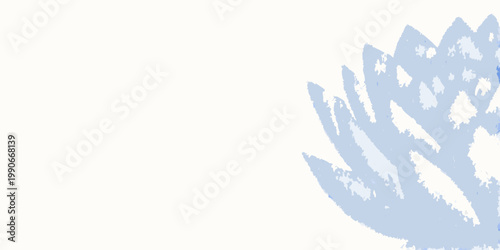 Abstract blue floral pattern fills the right side of the image
