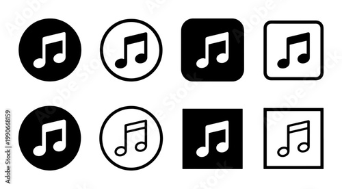 Minimalist music note icon set, black and white musical eighth note symbols, 8 vector audio buttons for web and app interface design