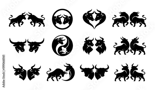 Bull logo collection with 12 black vector icons, minimalist bull head silhouettes, powerful cattle and ox symbols for branding and sports mascots