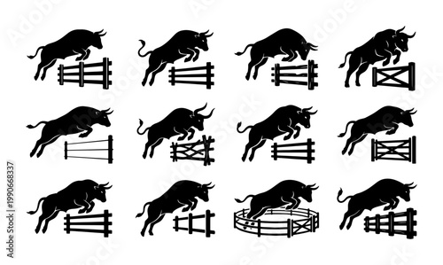 Bull jumping over fence silhouettes, 12 cattle jumping icons set, black bull leaping over farm gate vector illustrations, livestock ranching graphics