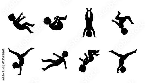 Active boy silhouettes set, collection of 8 child jumping and tumbling vector icons, young kid performing somersaults and handstands