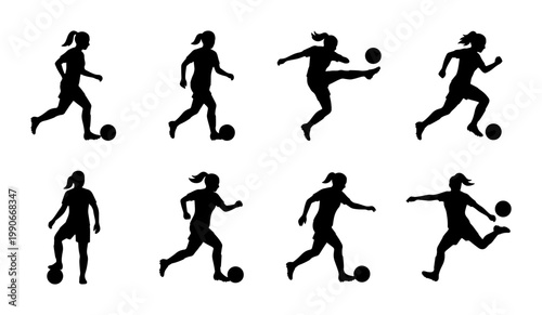 Female soccer player silhouettes set, 8 vector icons of women playing football, athletic girls kicking and dribbling ball, sports competition graphics