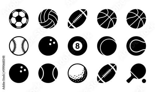 Minimalist sports ball icon set, 15 black solid vector symbols, athletic equipment collection for soccer basketball and football, flat graphic design elements