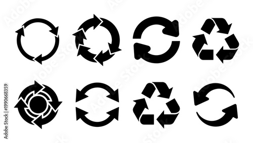 Recycle symbol icon set, black circular arrow signs for waste management, 8 eco-friendly recycling vector elements for sustainable packaging design