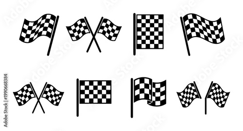 Checkered racing flag vector set, black and white finish line flags for auto sports, 8 racing flag icons for competition and speed events
