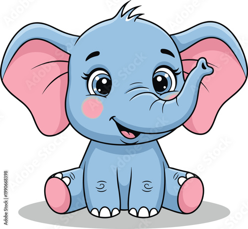 Adorable blue cartoon baby elephant character with pink ears and rosy cheeks sitting and smiling isolated on a white background