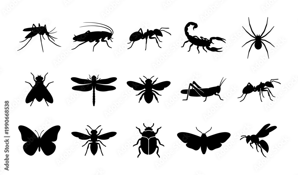 Fototapeta premium Black insect silhouettes collection, set of 15 bug icons including spider and butterfly, pest control and entomology vector elements on white background