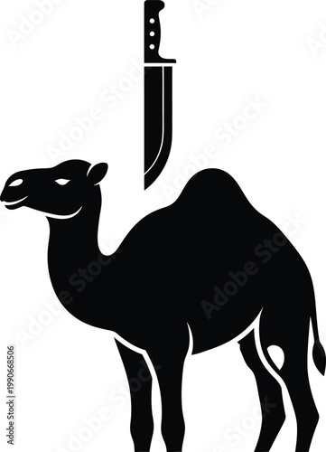 A black silhouette of a camel with a knife standing upright behind it