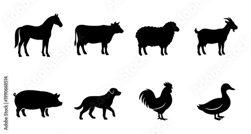 Farm animal silhouette collection, set of 8 livestock vector icons, black domestic animal shapes including cow horse pig and poultry for agriculture design
