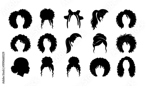 Black hair silhouette collection, 15 curly and afro hairstyle icons, natural hair texture vector set, female hair fashion silhouettes for beauty branding