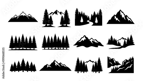 Mountain and forest silhouette icons, set of 12 black nature landscape vectors, minimalist pine tree and peak graphics for outdoor branding
