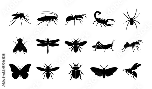 Black insect silhouettes collection, set of 15 bug icons including spider and butterfly, pest control and entomology vector elements on white background