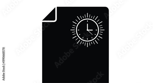 Black document with clock on paper, time management concept, schedule and deadline symbol, flat design illustration
