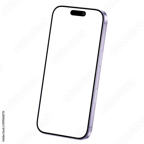 Isolated and isometric lavender smartphone png. Mockup template. No background. 