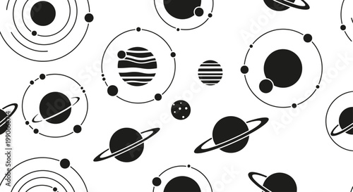Stylized planets and orbits against a white background