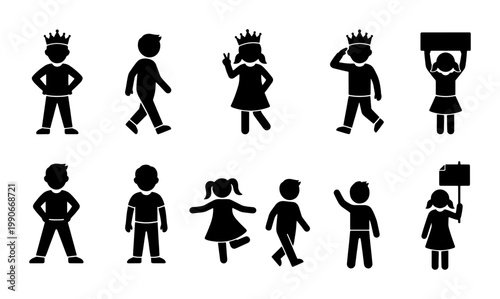 Children silhouette icons set, little boy and girl stick figures in various poses, kids playing and walking vector collection, 11 black human pictograms