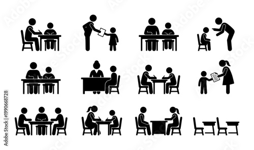 Classroom education stick figure icon set, teacher and student learning at school desks, black silhouette people symbols for academic study