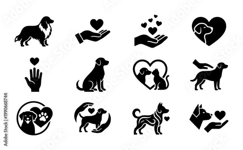 Dog care and pet adoption icons, set of 12 black vector silhouettes, animal welfare and veterinary clinic symbols with hearts and hands