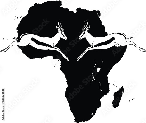 Africa continent silhouette illustration, gazelle wildlife artwork, biodiversity heritage design concept, black and white geographic vector template set