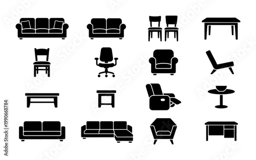 Modern furniture icon set, black silhouette home interior symbols, minimalist sofa and chair vector collection, living room and office furniture elements