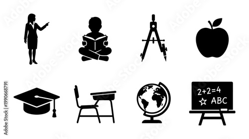 Education and school icon set, black silhouette vector symbols of learning, 8 academic elements for classroom teaching and university graduation