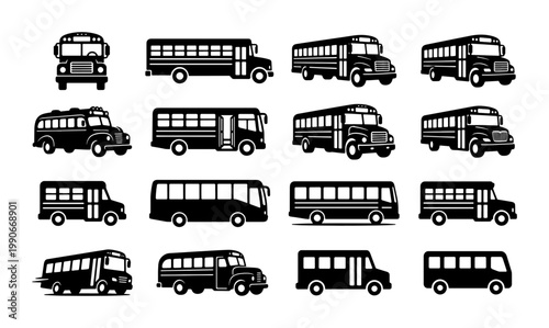 School bus silhouette icons set, black vector transport collection of 16 vehicle symbols, educational student transportation graphics for web and print