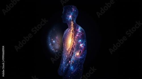 A male silhouette filled entirely with swirling galaxy patterns, stars and nebula clouds contained within human profile outline, cosmic dust and light particles creating texture within the figure