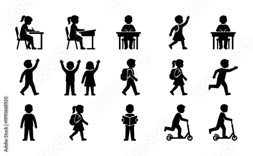 School children silhouettes set, students learning and playing vector icons, primary education pupils in classroom and outdoor activities