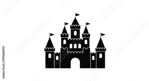 A striking black castle illustration with multiple towers and flags silhouette
