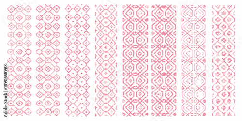 A series of vertically aligned repeating pink geometric patterns
