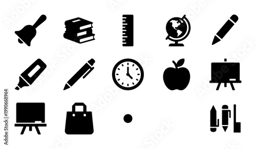 Minimalist school icons set, black education vector symbols, academic supplies collection for student learning, back to school graphic elements